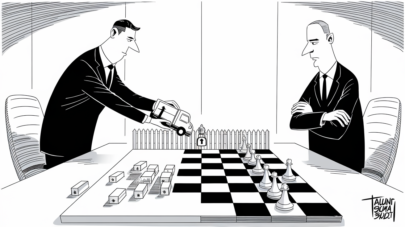 New Yorker-style illustration for Controlling Resources vs. Market Reliance: Why Companies Acquire for Control
