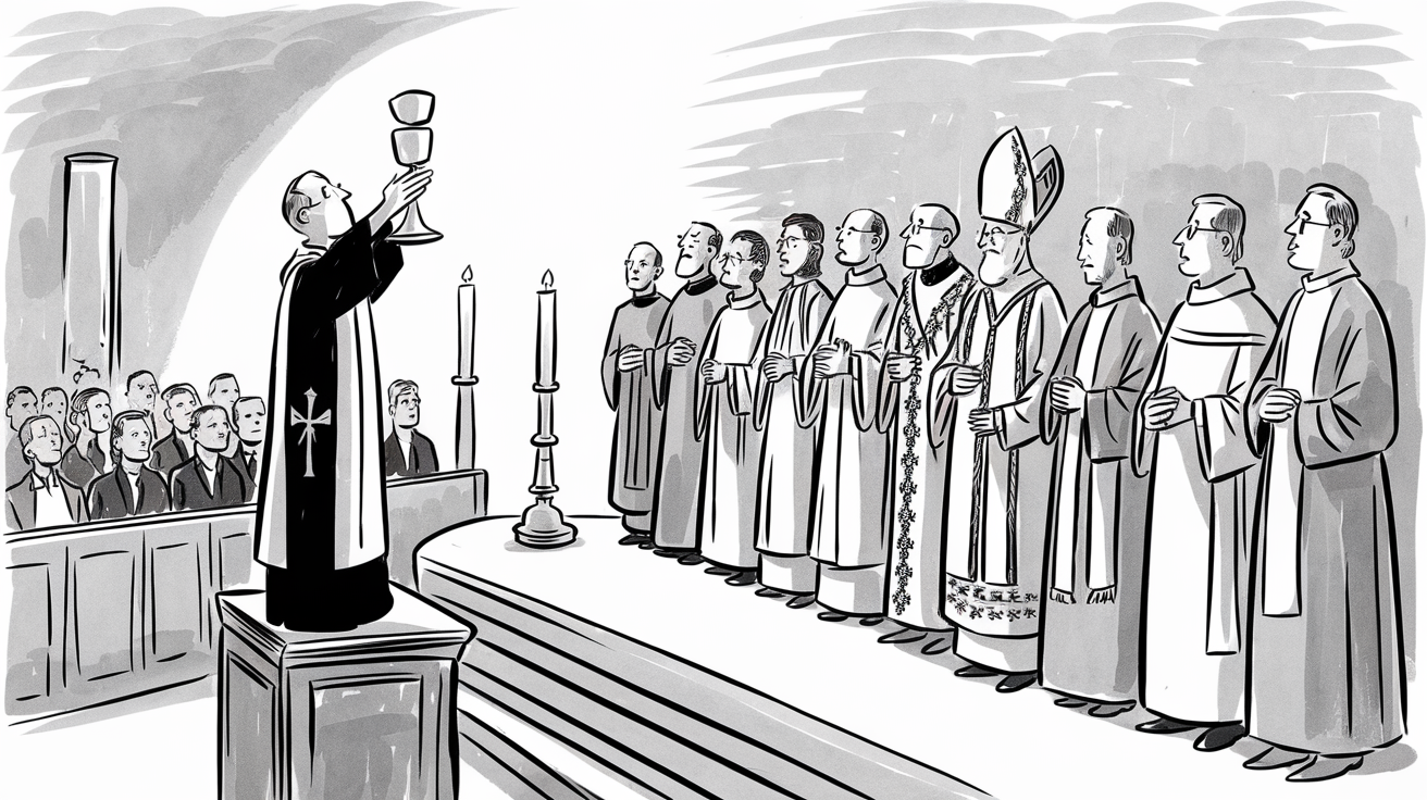 New Yorker-style illustration for What's the structure of a Catholic Mass?