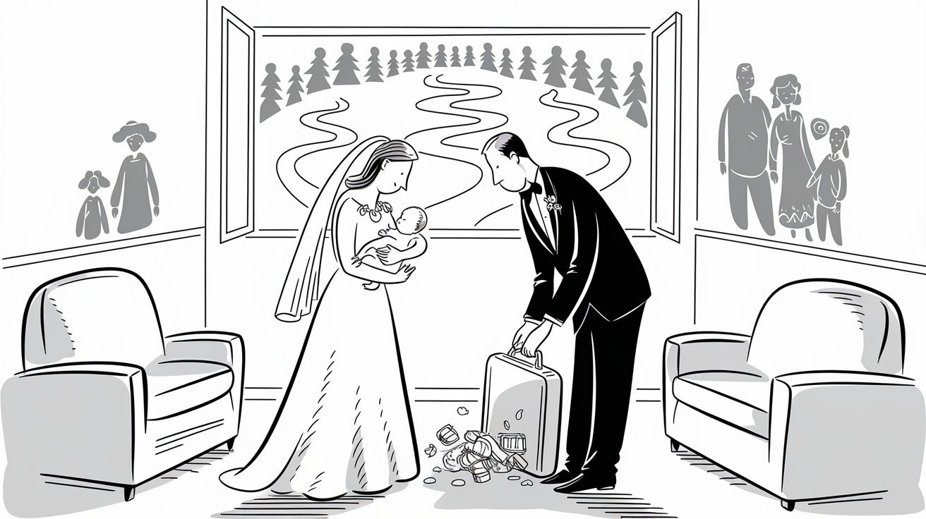 New Yorker-style illustration for Can Sacrifice Strengthen Your Marriage?