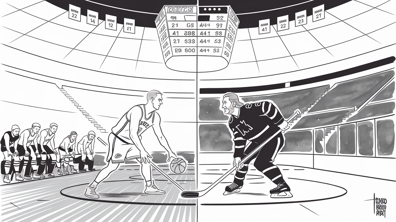 New Yorker-style illustration for Nikola Jokić vs. Wayne Gretzky: A Legendary Comparison