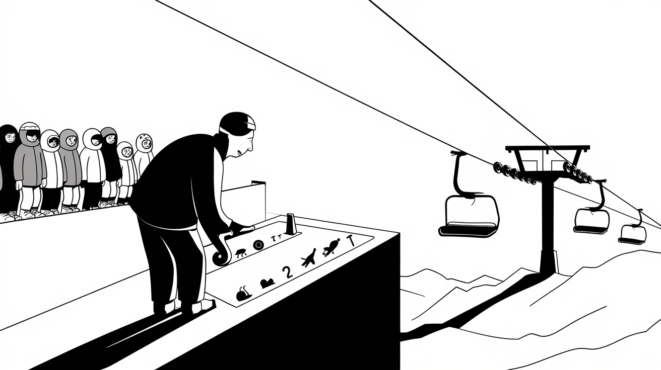 New Yorker-style illustration for Determining Optimal Chairlift Speed at Ski Resorts