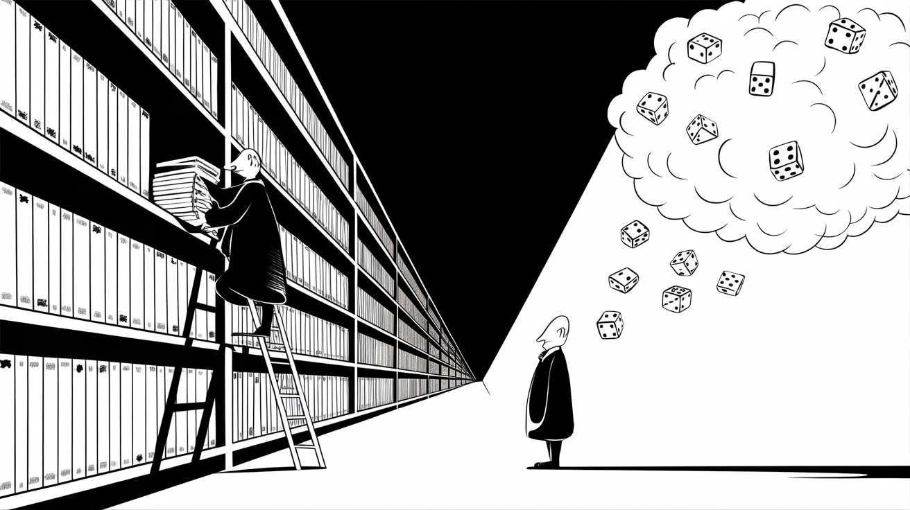 New Yorker-style illustration for The Paradox of Infinite Knowledge and Unknowable Uncertainty
