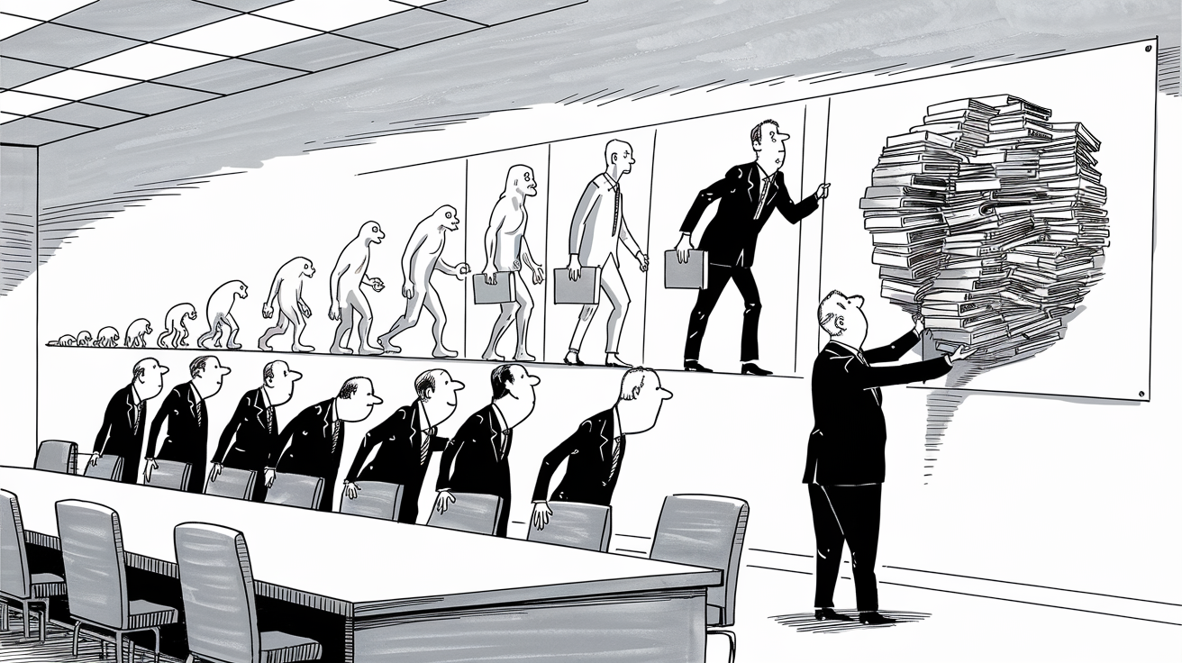 New Yorker-style illustration for Do Corporate Jobs Evolve Like Living Organisms?