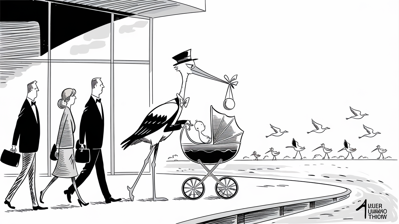 New Yorker-style illustration for Why Wealthier Countries Tend to Have Lower Birthrates